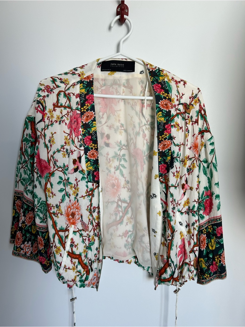 Zara White Floral Open Front Blazer with Pink & Green Accents